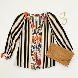 Fig & Flower Striped Floral Blouse Mixed Print Boho Peasant Top Size Small